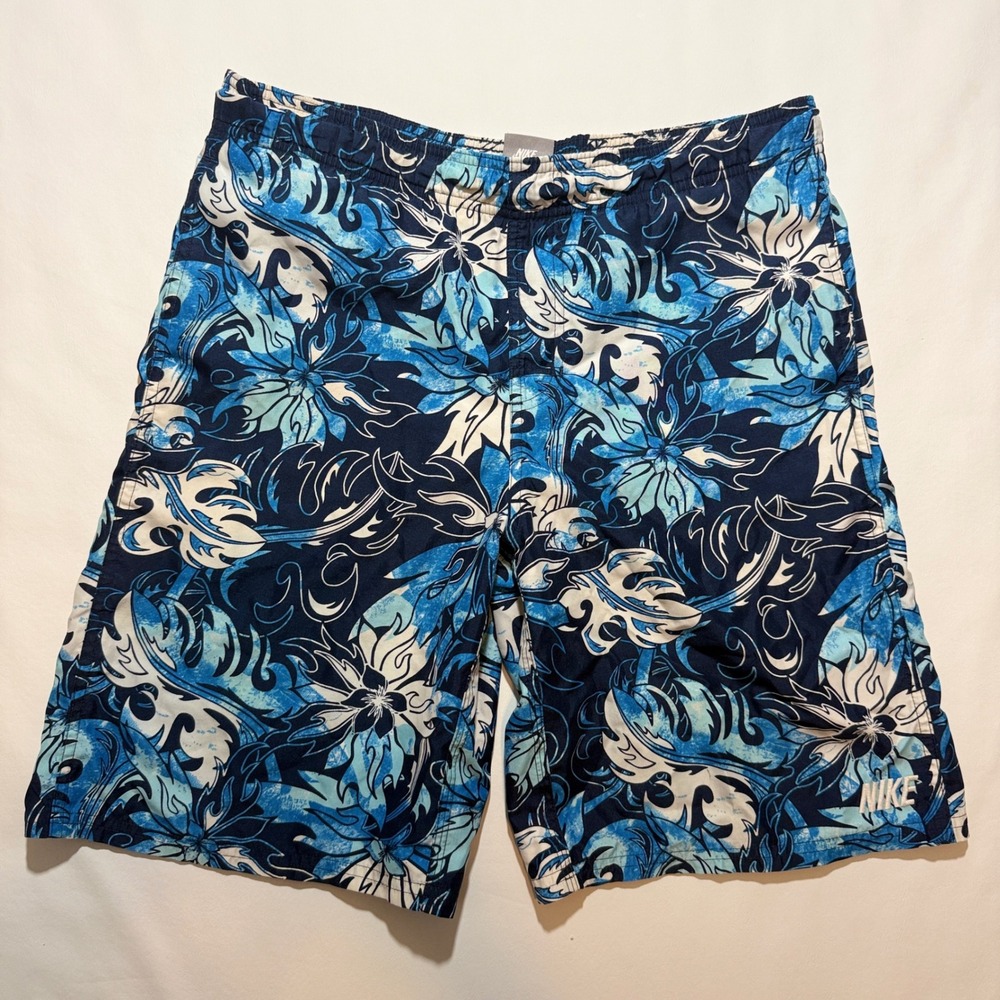 Nike Swim Trunks Men L Blue Floral Tropical Print Mesh Lined Board Shorts